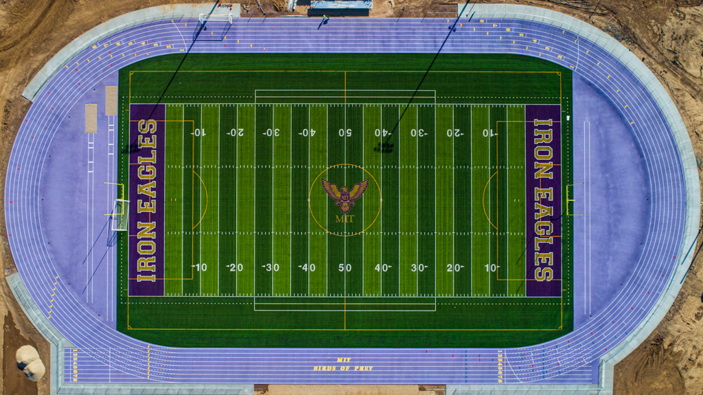 Top down aerial view of a football stadium. Iron Eagles.