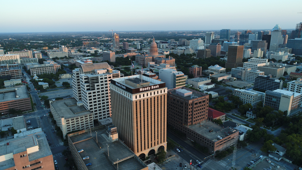 Aerial photo of moody bank in downtown Austin.
